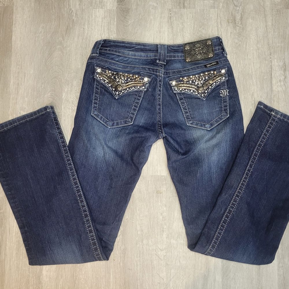 Miss Me Dark Blue Boot Cut Jeans with Silver Accents